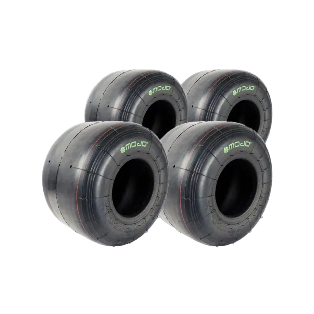 A set of four Mojo D2 XX slick tyres, two for front and two for rear, predominantly black in color with visible branding and tread pattern.